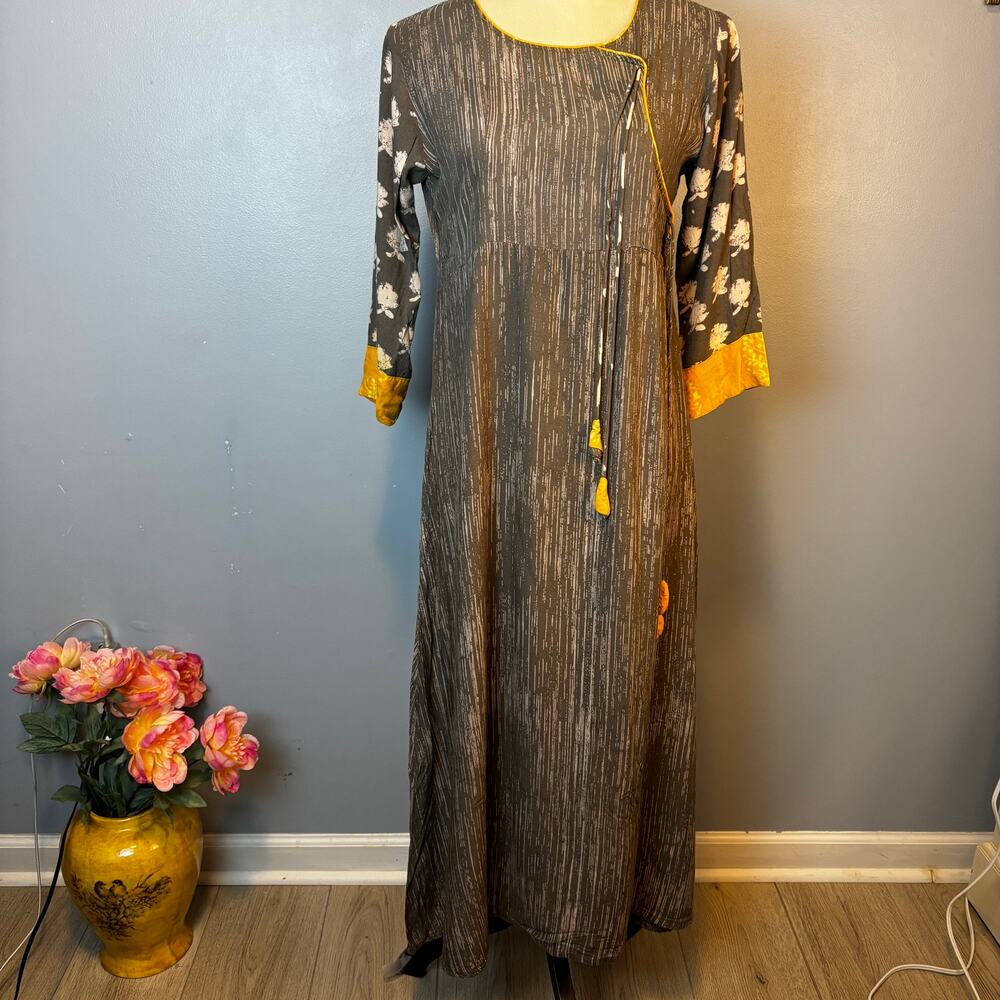 Women's Gray Kimono Maxi Dress Yellow Trim Long Sleeve Boho Medium- Large